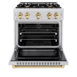 ZLINE - Autograph Edition 30 in. 4.2 cu. ft. Select Dual Fuel Range with 4 Burner Gas Cooktop and Electric Convection Oven in Satin Stainless Steel with Polished Gold Accents