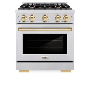 ZLINE - Autograph Edition 30 in. 4.2 cu. ft. Select Dual Fuel Range with 4 Burner Gas Cooktop and Electric Convection Oven in Satin Stainless Steel with Polished Gold Accents