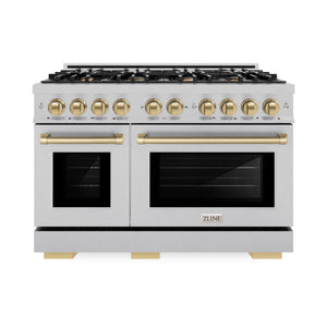 ZLINE - Autograph Edition 48 in. 6.7 cu. ft. Select Double Oven Dual Fuel Range with 8 Burner Gas Cooktop in Satin Stainless Steel and Champagne Bronze Accents
