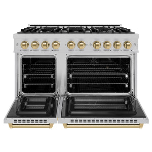 ZLINE - Autograph Edition 48 in. 6.7 cu. ft. Select Double Oven Dual Fuel Range with 8 Burner Gas Cooktop in Satin Stainless Steel and Champagne Bronze Accents