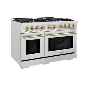 ZLINE - Autograph Edition 48 in. 6.7 cu. ft. Select Double Oven Dual Fuel Range with 8 Burner Gas Cooktop in Satin Stainless Steel and Champagne Bronze Accents