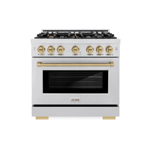 ZLINE - Autograph Edition 36 in. 5.2 cu. ft. Select Gas Range with 6 Burner Cooktop and Convection Gas Oven in Satin Stainless Steel and Champagne Bronze Accents