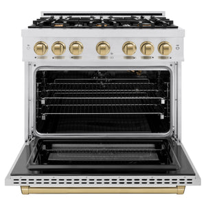 ZLINE - Autograph Edition 36 in. 5.2 cu. ft. Select Gas Range with 6 Burner Cooktop and Convection Gas Oven in Satin Stainless Steel and Champagne Bronze Accents