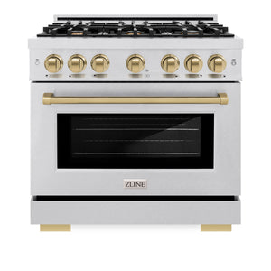 ZLINE - Autograph Edition 36 in. 5.2 cu. ft. Select Gas Range with 6 Burner Cooktop and Convection Gas Oven in Satin Stainless Steel and Champagne Bronze Accents
