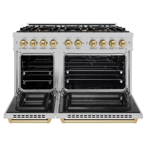 ZLINE - Autograph Edition 48 in. 6.7 cu. ft. Select Double Oven Gas Range with 8 Burner Cooktop in Satin Stainless Steel and Champagne Bronze Accents