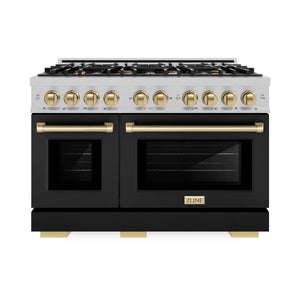 ZLINE - Autograph Edition 48 in. 6.7 cu. ft. Select Double Oven Dual Fuel Range with 8 Burner Gas Cooktop in Satin Stainless Steel with Black Matte Doors and Champagne Bronze Accents