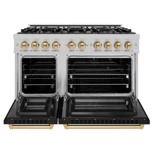 ZLINE - Autograph Edition 48 in. 6.7 cu. ft. Select Double Oven Dual Fuel Range with 8 Burner Gas Cooktop in Satin Stainless Steel with Black Matte Doors and Champagne Bronze Accents