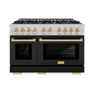 ZLINE - Autograph Edition 48 in. 6.7 cu. ft. Select Double Oven Dual Fuel Range with 8 Burner Gas Cooktop in Satin Stainless Steel with Black Matte Doors and Polished Gold Accents