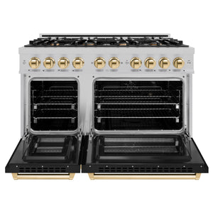 ZLINE - Autograph Edition 48 in. 6.7 cu. ft. Select Double Oven Dual Fuel Range with 8 Burner Gas Cooktop in Satin Stainless Steel with Black Matte Doors and Polished Gold Accents