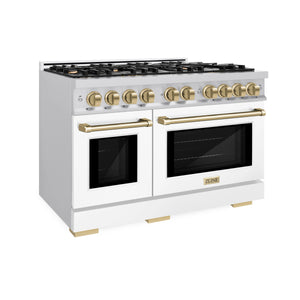 ZLINE - Autograph Edition 48 in. 6.7 cu. ft. Select Double Oven Dual Fuel Range with 8 Burner Gas Cooktop in Satin Stainless Steel with White Matte Doors and Champagne Bronze Accents