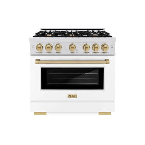 ZLINE - Autograph Edition 36 in. 5.2 cu. ft. Select Dual Fuel Range with 6 Burner Gas Cooktop and Electric Convection Oven in Satin Stainless Steel with White Matte Door and Champagne Bronze Accents