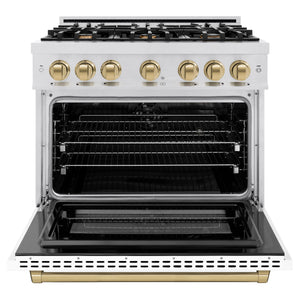 ZLINE - Autograph Edition 36 in. 5.2 cu. ft. Select Dual Fuel Range with 6 Burner Gas Cooktop and Electric Convection Oven in Satin Stainless Steel with White Matte Door and Champagne Bronze Accents