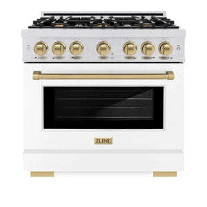 ZLINE - Autograph Edition 36 in. 5.2 cu. ft. Select Dual Fuel Range with 6 Burner Gas Cooktop and Electric Convection Oven in Satin Stainless Steel with White Matte Door and Champagne Bronze Accents