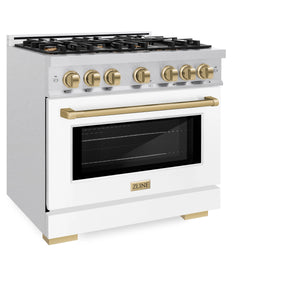 ZLINE - Autograph Edition 36 in. 5.2 cu. ft. Select Dual Fuel Range with 6 Burner Gas Cooktop and Electric Convection Oven in Satin Stainless Steel with White Matte Door and Champagne Bronze Accents