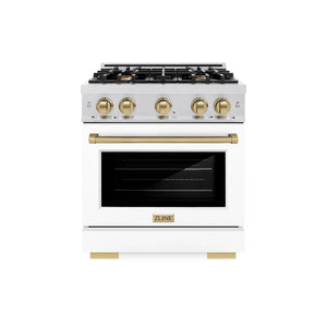 ZLINE - Autograph Edition 30 in. 4.2 cu. ft. Select Gas Range with 4 Burner Cooktop and Convection Gas Oven in Satin Stainless Steel with White Matte Door and Champagne Bronze Accents