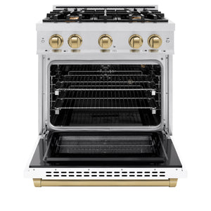 ZLINE - Autograph Edition 30 in. 4.2 cu. ft. Select Gas Range with 4 Burner Cooktop and Convection Gas Oven in Satin Stainless Steel with White Matte Door and Champagne Bronze Accents