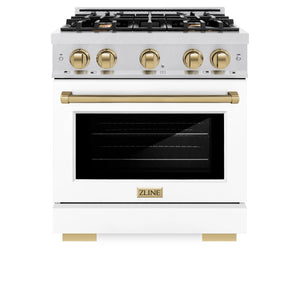 ZLINE - Autograph Edition 30 in. 4.2 cu. ft. Select Gas Range with 4 Burner Cooktop and Convection Gas Oven in Satin Stainless Steel with White Matte Door and Champagne Bronze Accents