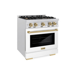 ZLINE - Autograph Edition 30 in. 4.2 cu. ft. Select Gas Range with 4 Burner Cooktop and Convection Gas Oven in Satin Stainless Steel with White Matte Door and Champagne Bronze Accents