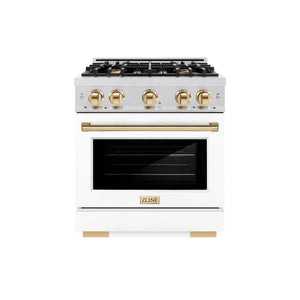 ZLINE - Autograph Edition 30 in. 4.2 cu. ft. Select Gas Range with 4 Burner Cooktop and Convection Gas Oven in Satin Stainless Steel with White Matte Door and Polished Gold Accents