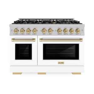 ZLINE - Autograph Edition 48 in. 6.7 cu. ft. Select Double Oven Gas Range with 8 Burner Cooktop in Satin Stainless Steel with White Matte Doors and Champagne Bronze Accents