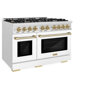 ZLINE - Autograph Edition 48 in. 6.7 cu. ft. Select Double Oven Gas Range with 8 Burner Cooktop in Satin Stainless Steel with White Matte Doors and Champagne Bronze Accents