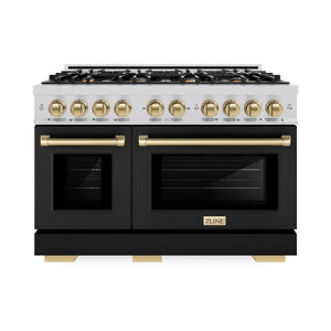 ZLINE - Autograph Edition 48 in. 6.7 cu. ft. Select Double Oven Dual Fuel Range with 8 Burner Gas Cooktop in Stainless Steel with Black Matte Doors and Champagne Bronze Accents