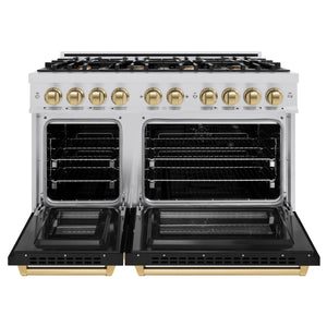 ZLINE - Autograph Edition 48 in. 6.7 cu. ft. Select Double Oven Dual Fuel Range with 8 Burner Gas Cooktop in Stainless Steel with Black Matte Doors and Champagne Bronze Accents