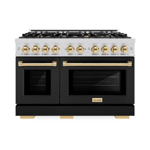 ZLINE - Autograph Edition 48 in. 6.7 cu. ft. Select Double Oven Dual Fuel Range with 8 Burner Gas Cooktop in Stainless Steel with Black Matte Doors and Polished Gold Accents