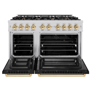 ZLINE - Autograph Edition 48 in. 6.7 cu. ft. Select Double Oven Dual Fuel Range with 8 Burner Gas Cooktop in Stainless Steel with Black Matte Doors and Polished Gold Accents