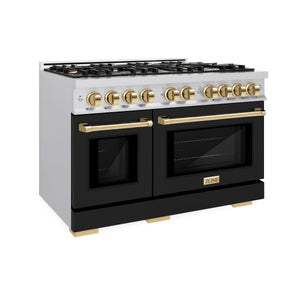 ZLINE - Autograph Edition 48 in. 6.7 cu. ft. Select Double Oven Dual Fuel Range with 8 Burner Gas Cooktop in Stainless Steel with Black Matte Doors and Polished Gold Accents