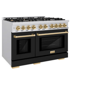 ZLINE - Autograph Edition 48 in. 6.7 cu. ft. Select Double Oven Dual Fuel Range with 8 Burner Gas Cooktop in Stainless Steel with Black Matte Doors and Polished Gold Accents