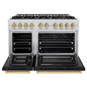 ZLINE - Autograph Edition 48 in. 6.7 cu. ft. Select Double Oven Gas Range with 8 Burner Cooktop in Stainless Steel with Black Matte Doors and Champagne Bronze Accents