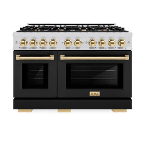 ZLINE - Autograph Edition 48 in. 6.7 cu. ft. Select Double Oven Gas Range with 8 Burner Cooktop in Stainless Steel with Black Matte Doors and Polished Gold Accents