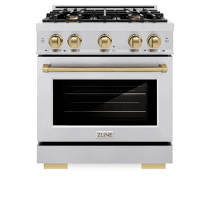 ZLINE - Autograph Edition 30 in. 4.2 cu. ft. Select Dual Fuel Range with 4 Burner Gas Cooktop and Electric Convection Oven in Stainless Steel with Champagne Bronze Accents