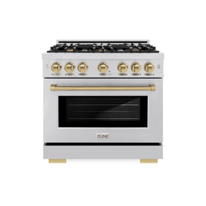ZLINE - Autograph Edition 36 in. 5.2 cu. ft. Select Dual Fuel Range with 6 Burner Gas Cooktop and Electric Convection Oven in Stainless Steel with Champagne Bronze Accents