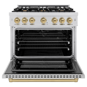 ZLINE - Autograph Edition 36 in. 5.2 cu. ft. Select Dual Fuel Range with 6 Burner Gas Cooktop and Electric Convection Oven in Stainless Steel with Champagne Bronze Accents