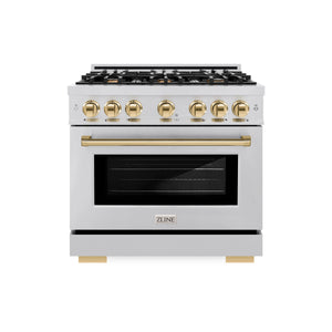 ZLINE - Autograph Edition 36 in. 5.2 cu. ft. Select Dual Fuel Range with 6 Burner Gas Cooktop and Electric Convection Oven in Stainless Steel with Polished Gold Accents