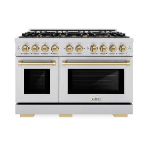 ZLINE - Autograph Edition 48 in. 6.7 cu. ft. Select Double Oven Dual Fuel Range with 8 Burner Gas Cooktop in Stainless Steel and Champagne Bronze Accents