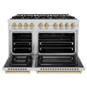 ZLINE - Autograph Edition 48 in. 6.7 cu. ft. Select Double Oven Dual Fuel Range with 8 Burner Gas Cooktop in Stainless Steel and Champagne Bronze Accents