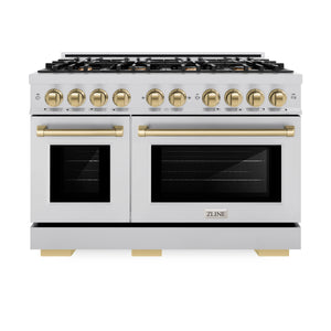 ZLINE - Autograph Edition 48 in. 6.7 cu. ft. Select Double Oven Dual Fuel Range with 8 Burner Gas Cooktop in Stainless Steel and Champagne Bronze Accents