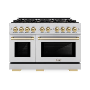 ZLINE - Autograph Edition 48 in. 6.7 cu. ft. Select Double Oven Gas Range with 8 Burner Cooktop in Stainless Steel and Champagne Bronze Accents