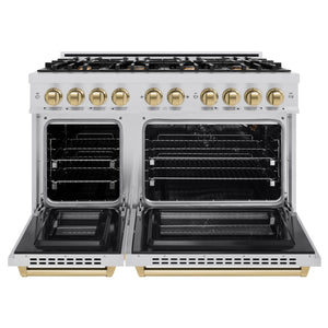 ZLINE - Autograph Edition 48 in. 6.7 cu. ft. Select Double Oven Gas Range with 8 Burner Cooktop in Stainless Steel and Champagne Bronze Accents