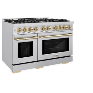 ZLINE - Autograph Edition 48 in. 6.7 cu. ft. Select Double Oven Gas Range with 8 Burner Cooktop in Stainless Steel and Champagne Bronze Accents
