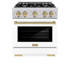 ZLINE - Autograph Edition 30 in. 4.2 cu. ft. Select Dual Fuel Range with 4 Burner Gas Cooktop and Electric Convection Oven in Stainless Steel with White Matte Door and Champagne Bronze Accents