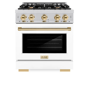 ZLINE - Autograph Edition 30 in. 4.2 cu. ft. Select Dual Fuel Range with 4 Burner Gas Cooktop and Electric Convection Oven in Stainless Steel with White Matte Door and Polished Gold Accents