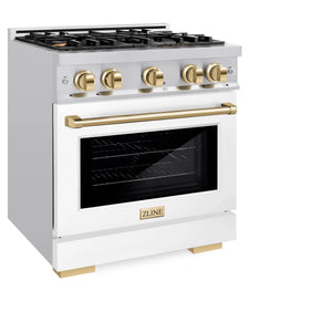 ZLINE - Autograph Edition 30 in. 4.2 cu. ft. Select Dual Fuel Range with 4 Burner Gas Cooktop and Electric Convection Oven in Stainless Steel with White Matte Door and Polished Gold Accents