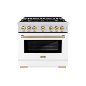 ZLINE - Autograph Edition 36 in. 5.2 cu. ft. Select Dual Fuel Range with 6 Burner Gas Cooktop and Electric Convection Oven in Stainless Steel with White Matte Door and Champagne Bronze Accents