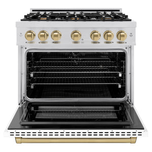 ZLINE - Autograph Edition 36 in. 5.2 cu. ft. Select Dual Fuel Range with 6 Burner Gas Cooktop and Electric Convection Oven in Stainless Steel with White Matte Door and Champagne Bronze Accents