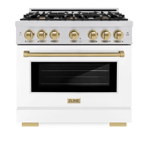 ZLINE - Autograph Edition 36 in. 5.2 cu. ft. Select Dual Fuel Range with 6 Burner Gas Cooktop and Electric Convection Oven in Stainless Steel with White Matte Door and Champagne Bronze Accents