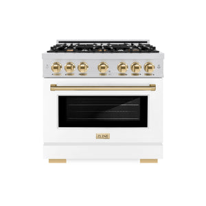 ZLINE - Autograph Edition 36 in. 5.2 cu. ft. Select Dual Fuel Range with 6 Burner Gas Cooktop and Electric Convection Oven in Stainless Steel with White Matte Door and Polished Gold Accents